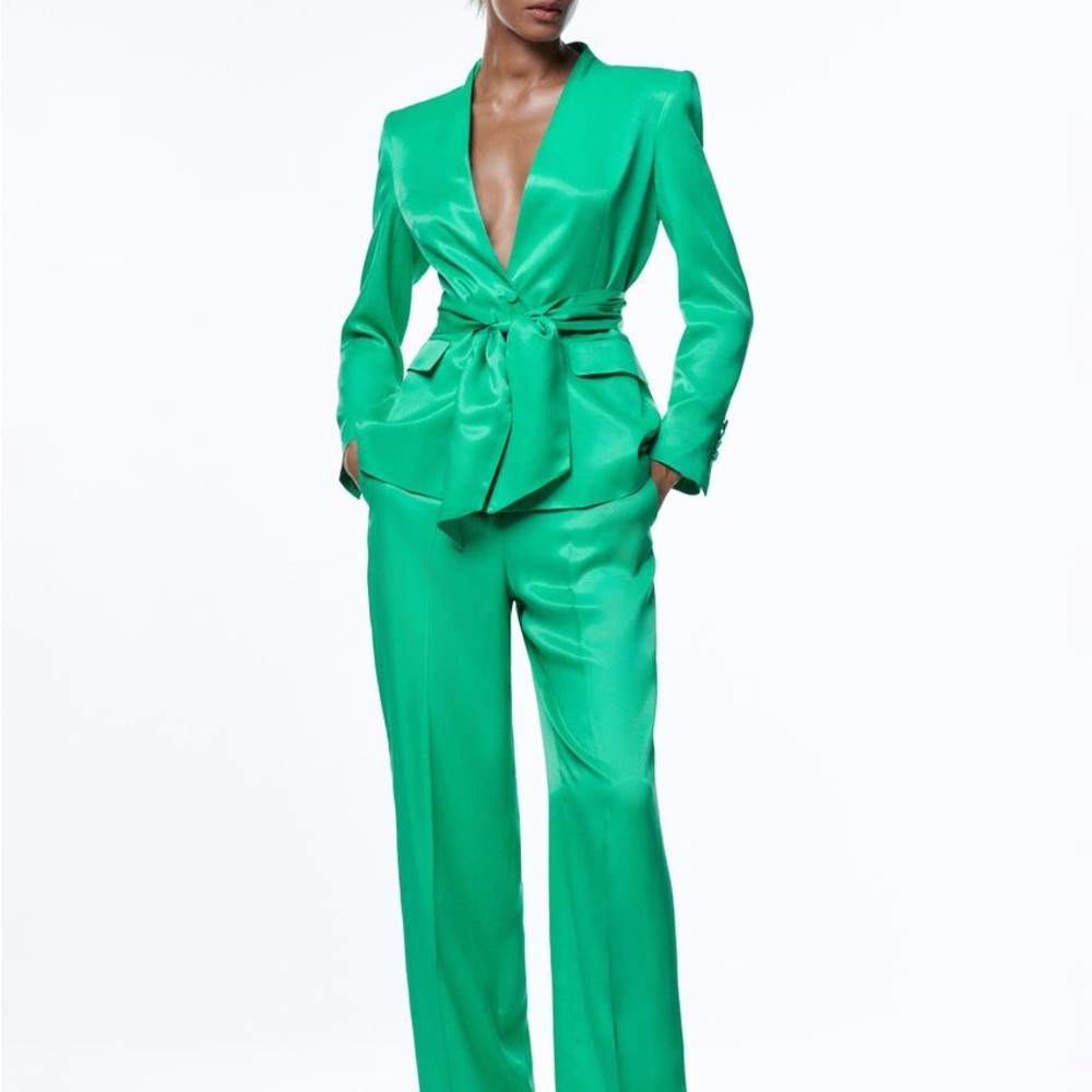 Zara green satin wide trousers